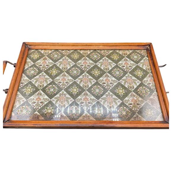 Vintage Wood Serving Tray Tapestry Tile Design Boho 70s Y2K Decor FLAW - Picture 1 of 6